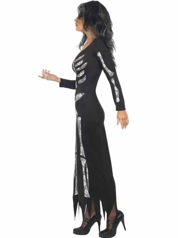 Vocole Day of The Dead Skeleton Maxi Dress Costume Halloween Fancy Dress