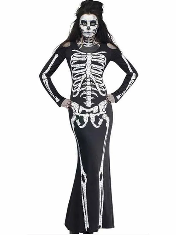 Vocole Day of The Dead Skeleton Maxi Dress Costume Halloween Fancy Dress