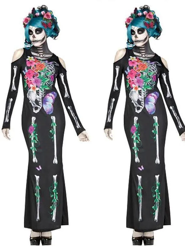 Vocole Day of The Dead Skeleton Maxi Dress Costume Halloween Fancy Dress