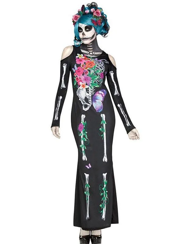 Vocole Day of The Dead Skeleton Maxi Dress Costume Halloween Fancy Dress