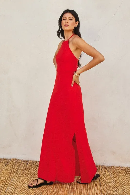 Waitlist 2/5 ♥ Leticia Sleeveless Halter Tie Maxi Dress Red