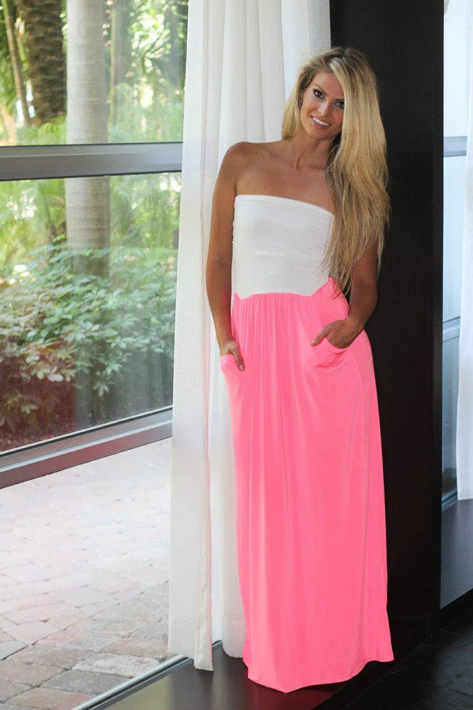 White & Neon Pink Maxi Dress With Pockets