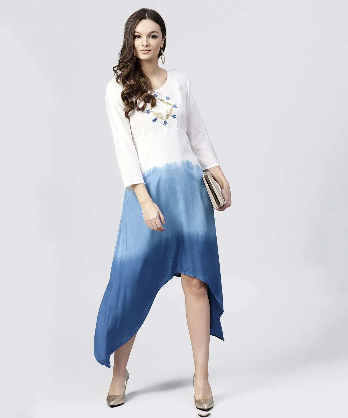 White Rayon Asymmetric Maxi Dress Dyed Blue With 3/4 Sleeves