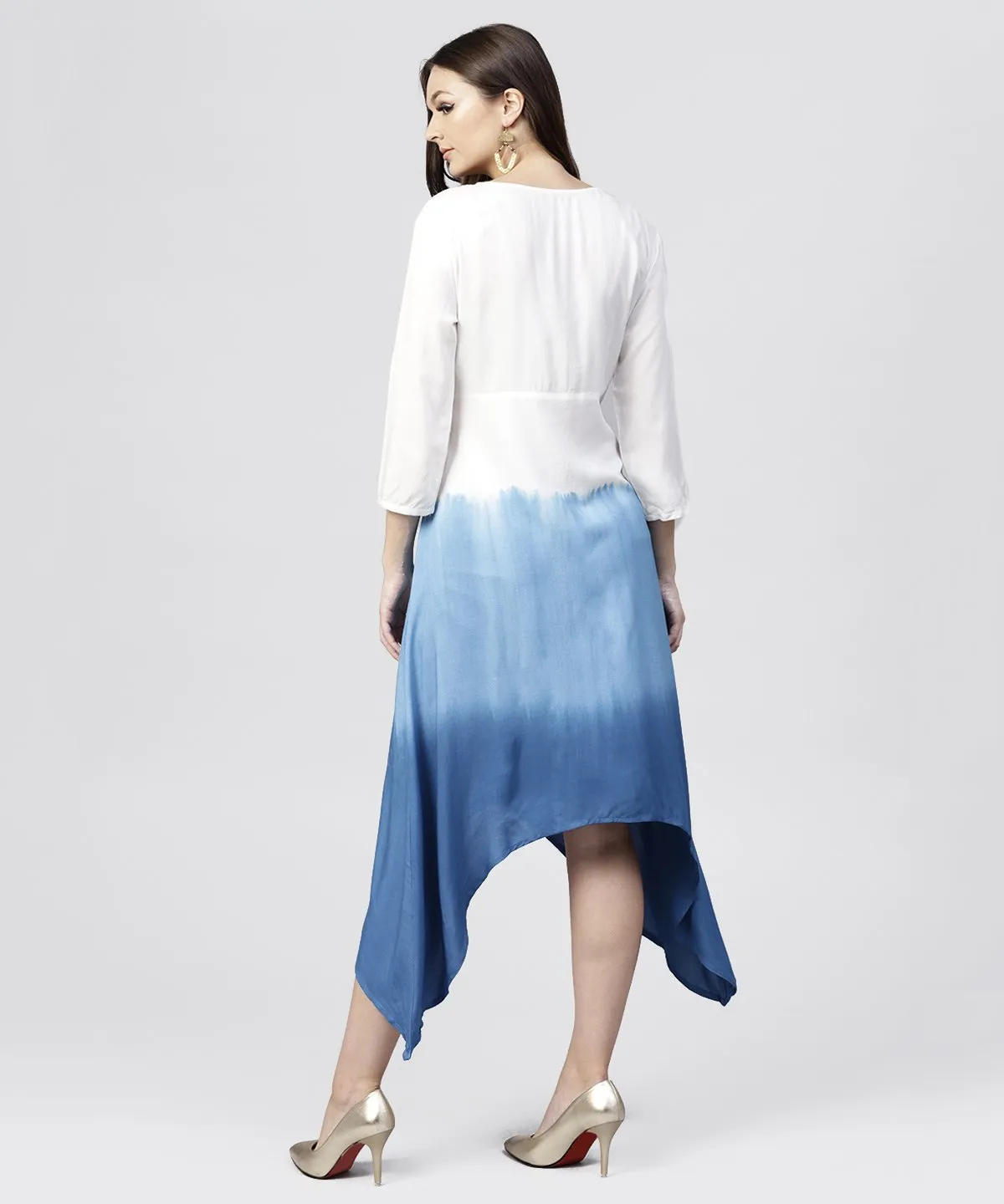 White Rayon Asymmetric Maxi Dress Dyed Blue With 3/4 Sleeves