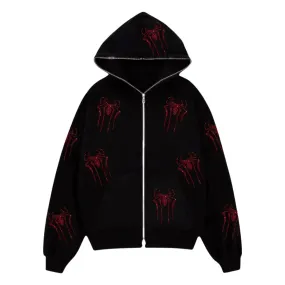 Wiaofellas  -  Autumn Rhinestone Skull Spider Print Hooded Dark Academia Grunge Zip Up Sweatshirt Punk Gothic Coat Y2K Top Unisex Streetwear