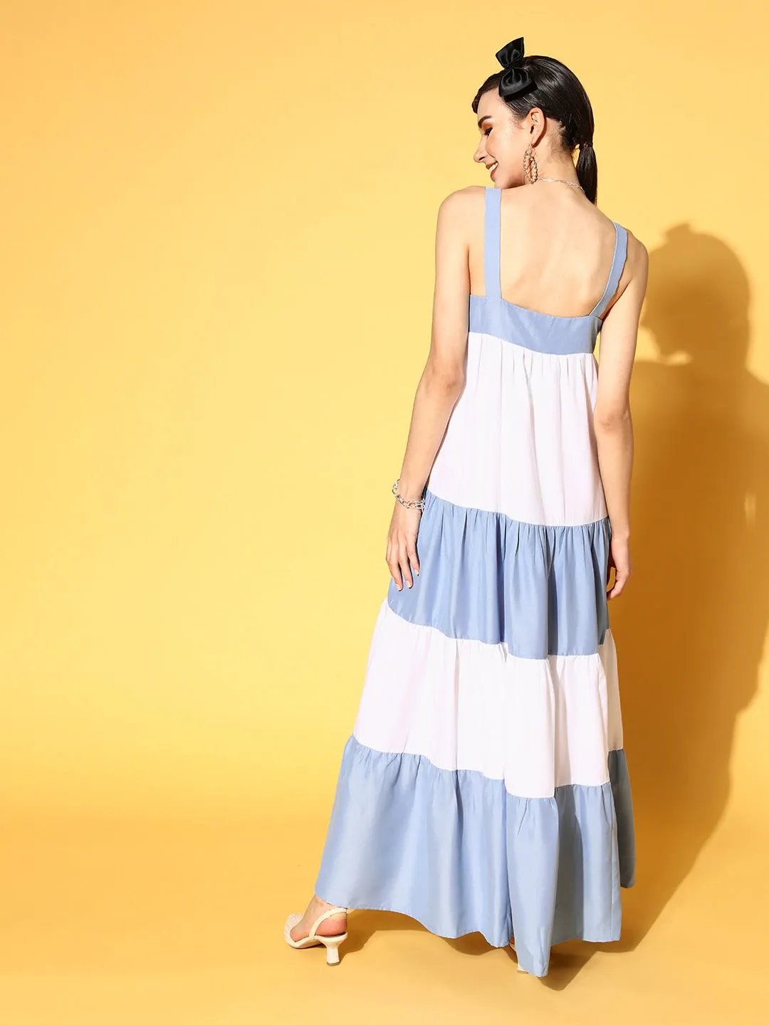 Women Blue & White Colourblock Tiered Maxi Dress