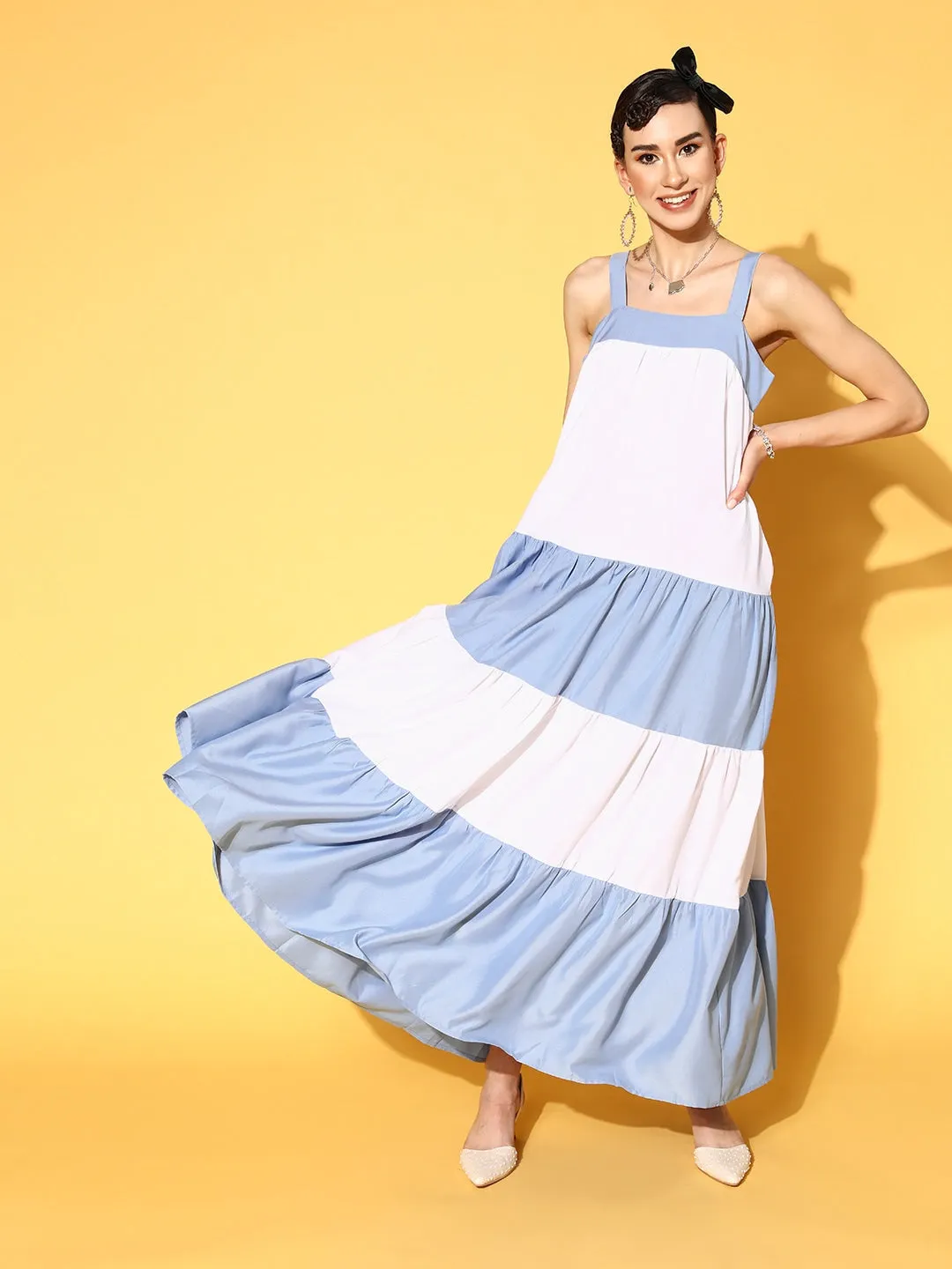 Women Blue & White Colourblock Tiered Maxi Dress