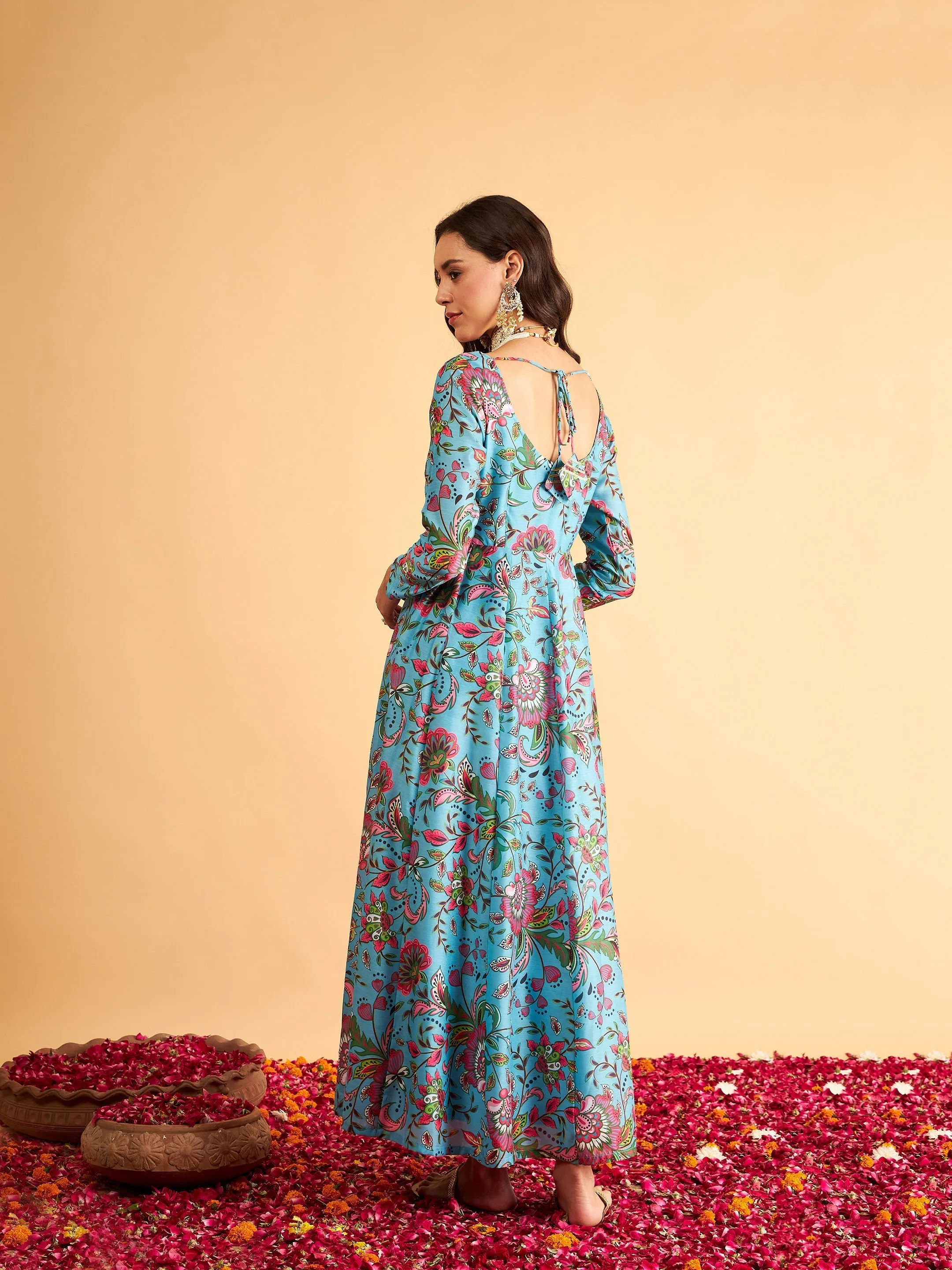 Women Blue Floral Round Neck Anarkali Maxi Dress