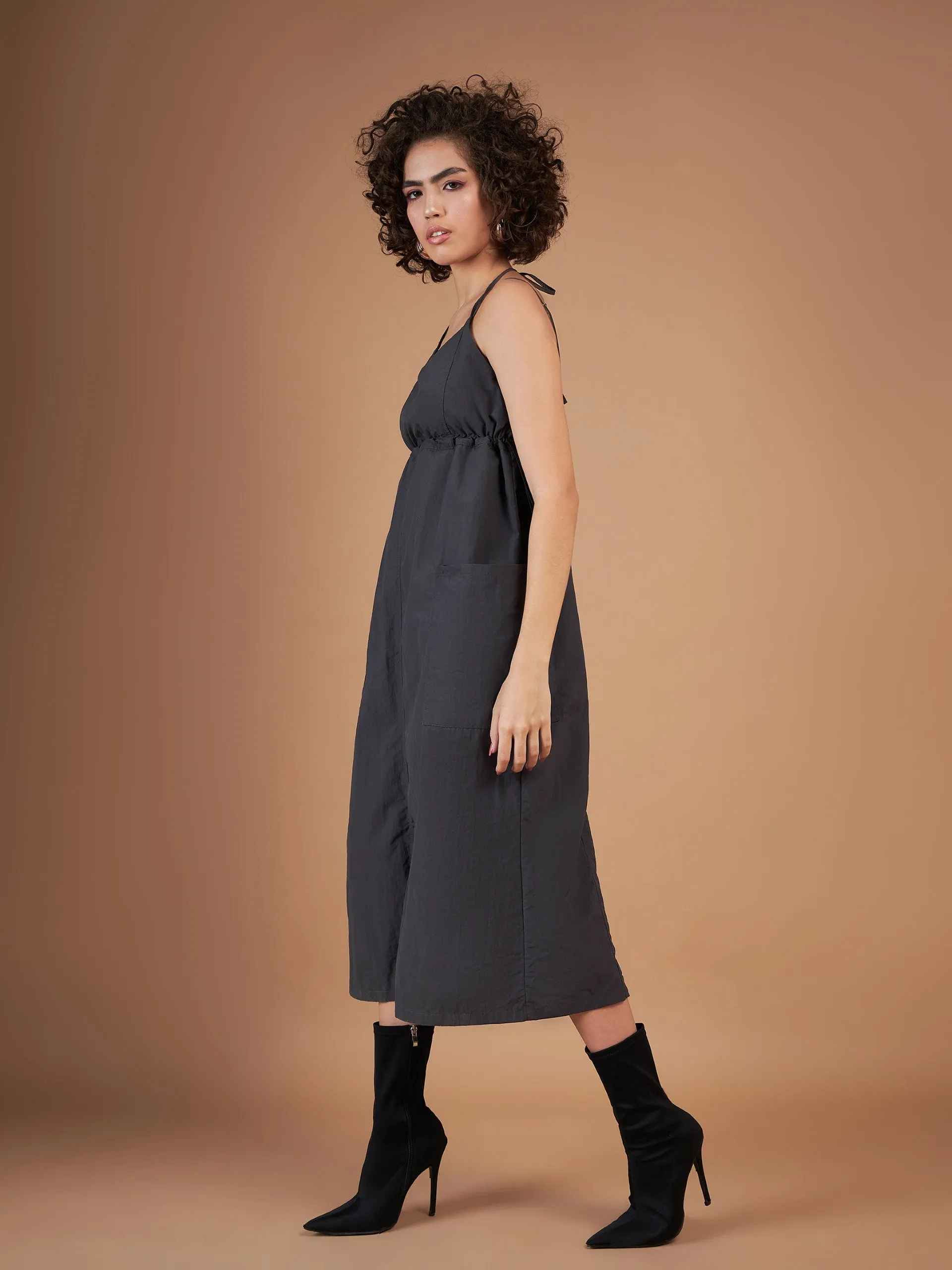 Women Dark Grey Front Pockets Parachute Dungaree Dress