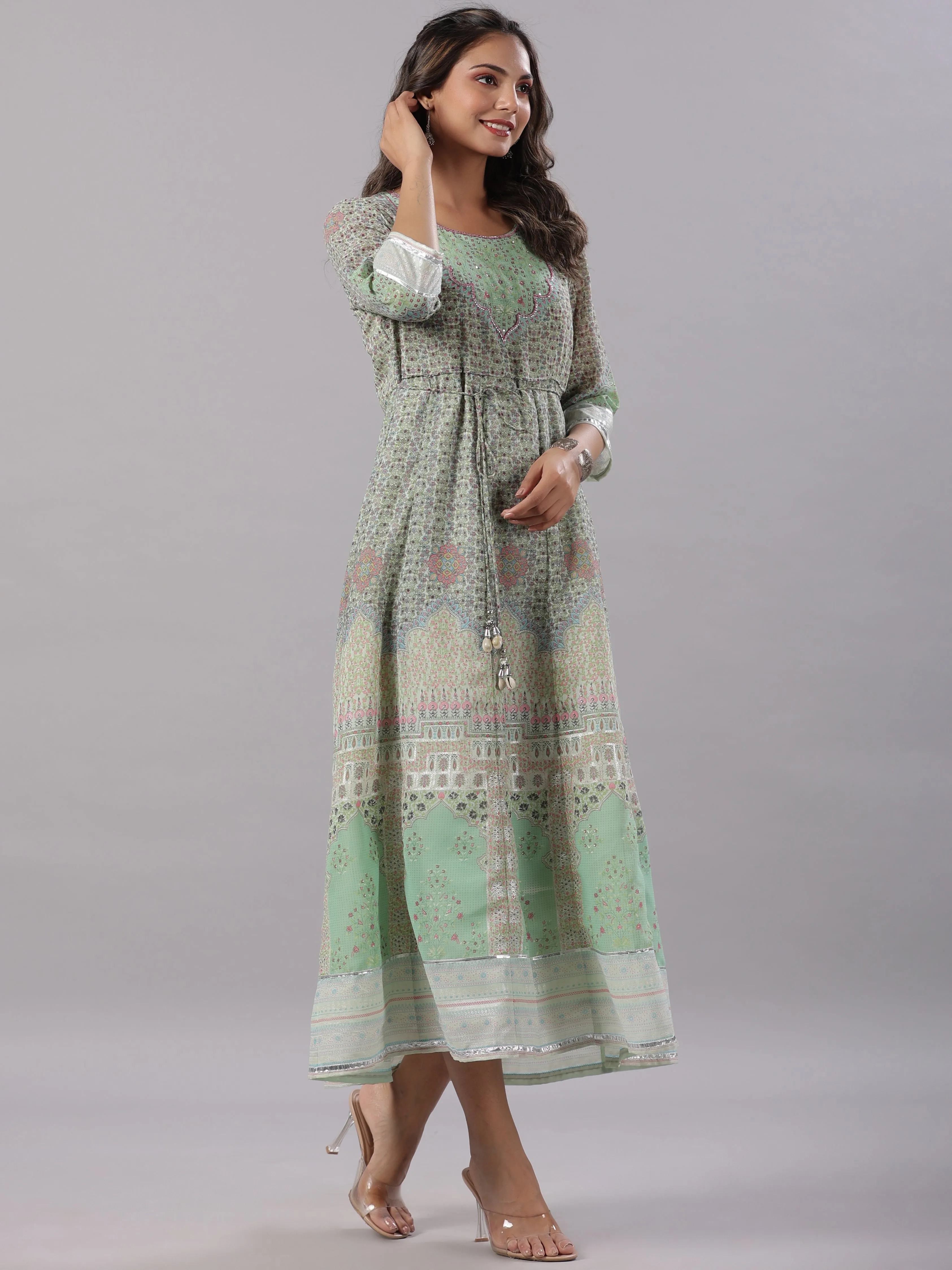 Women Green Georgette Printed Maxi Dress