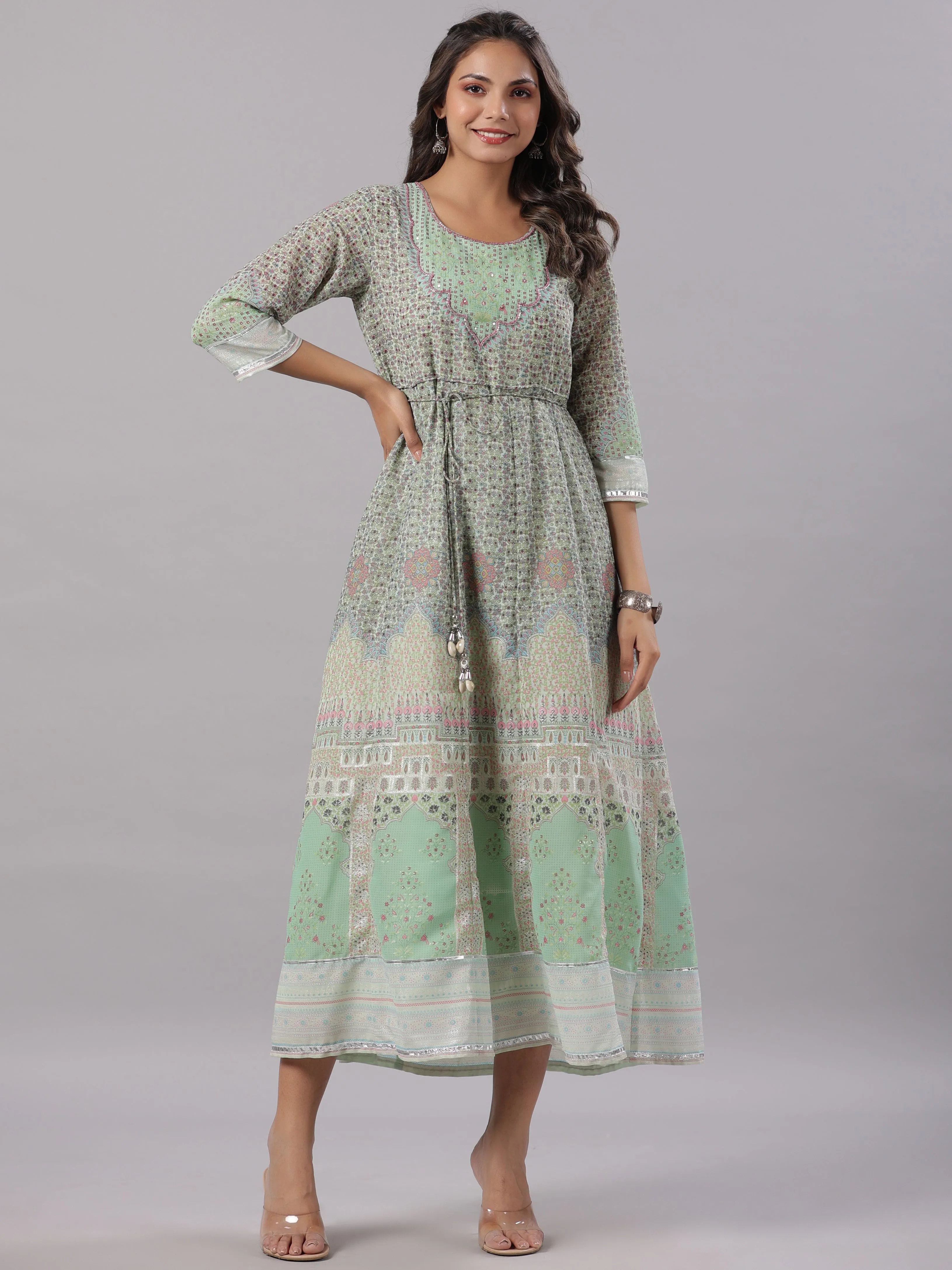 Women Green Georgette Printed Maxi Dress