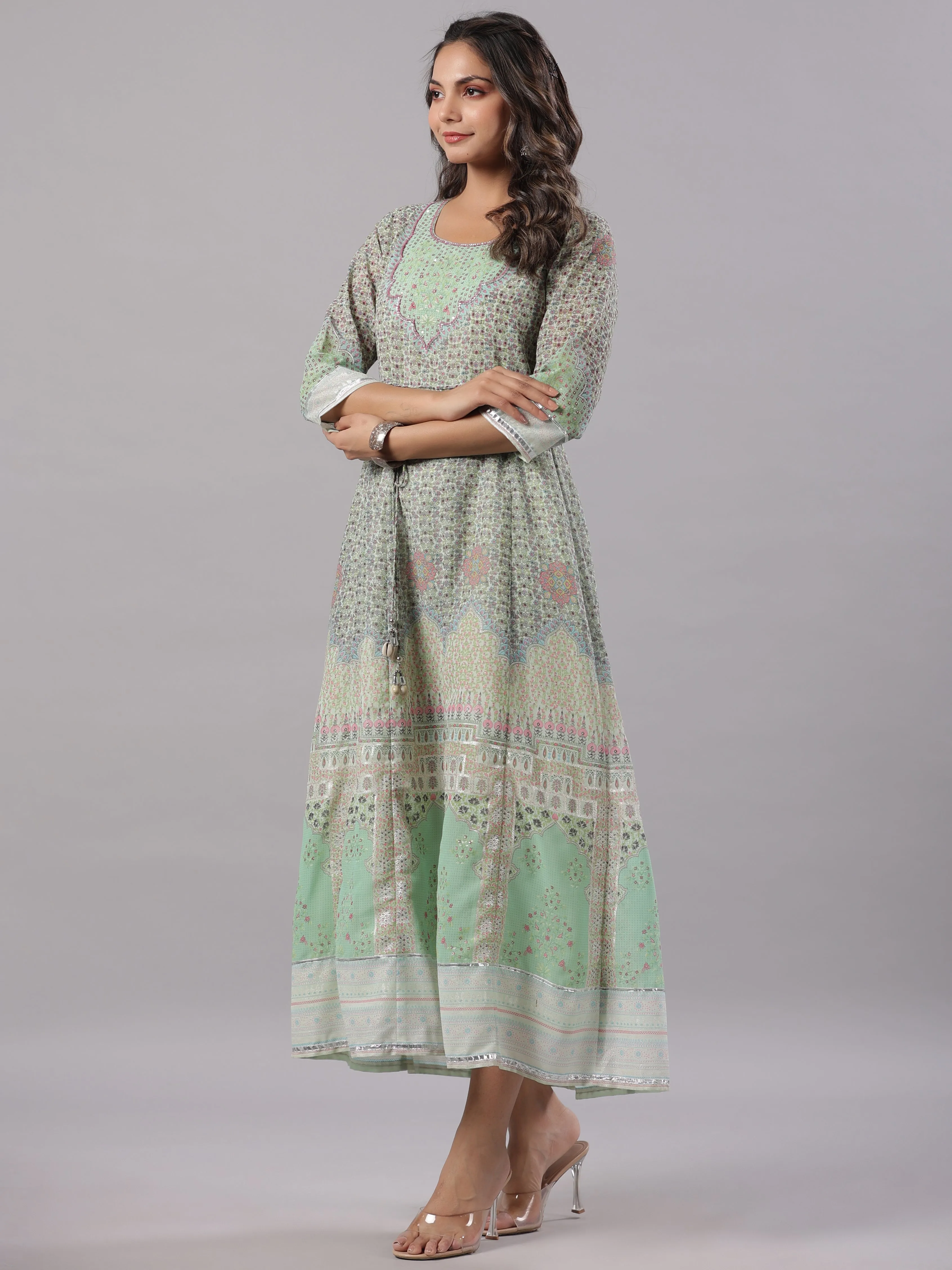 Women Green Georgette Printed Maxi Dress