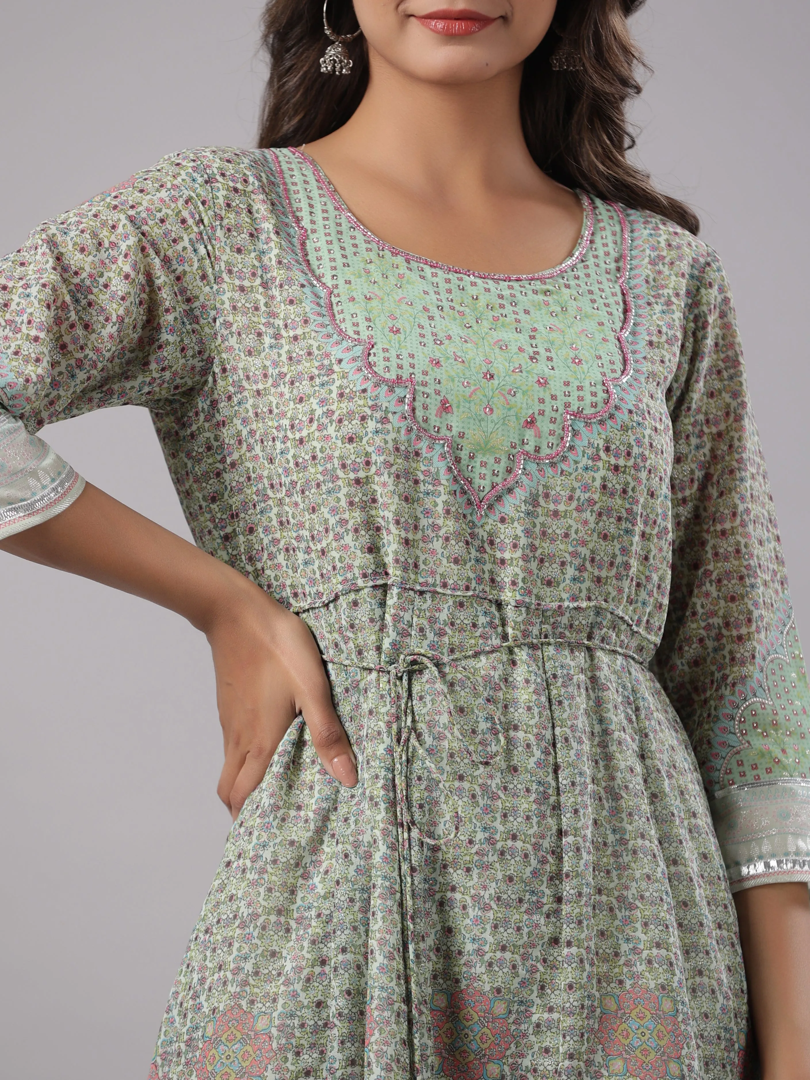 Women Green Georgette Printed Maxi Dress