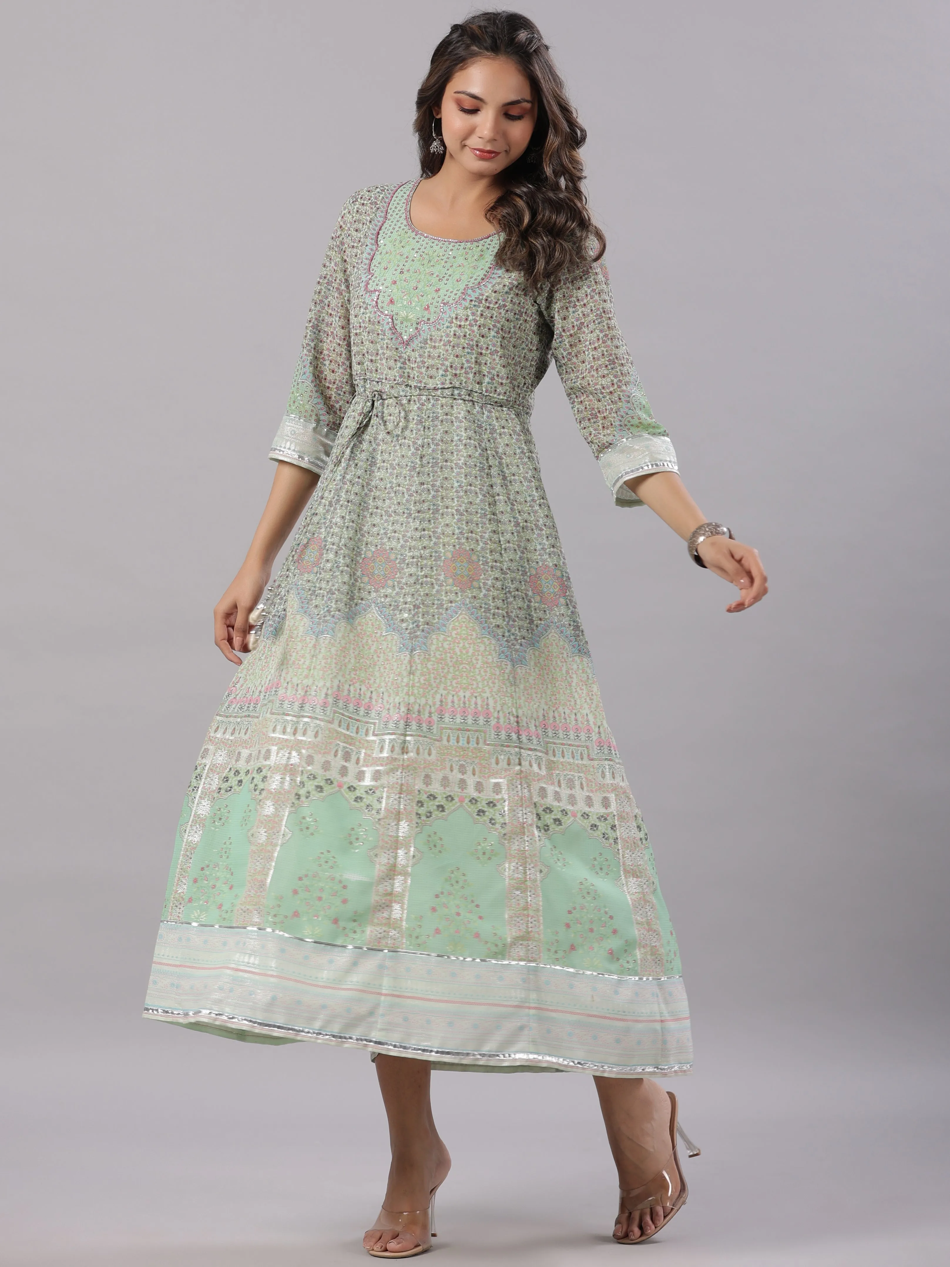 Women Green Georgette Printed Maxi Dress