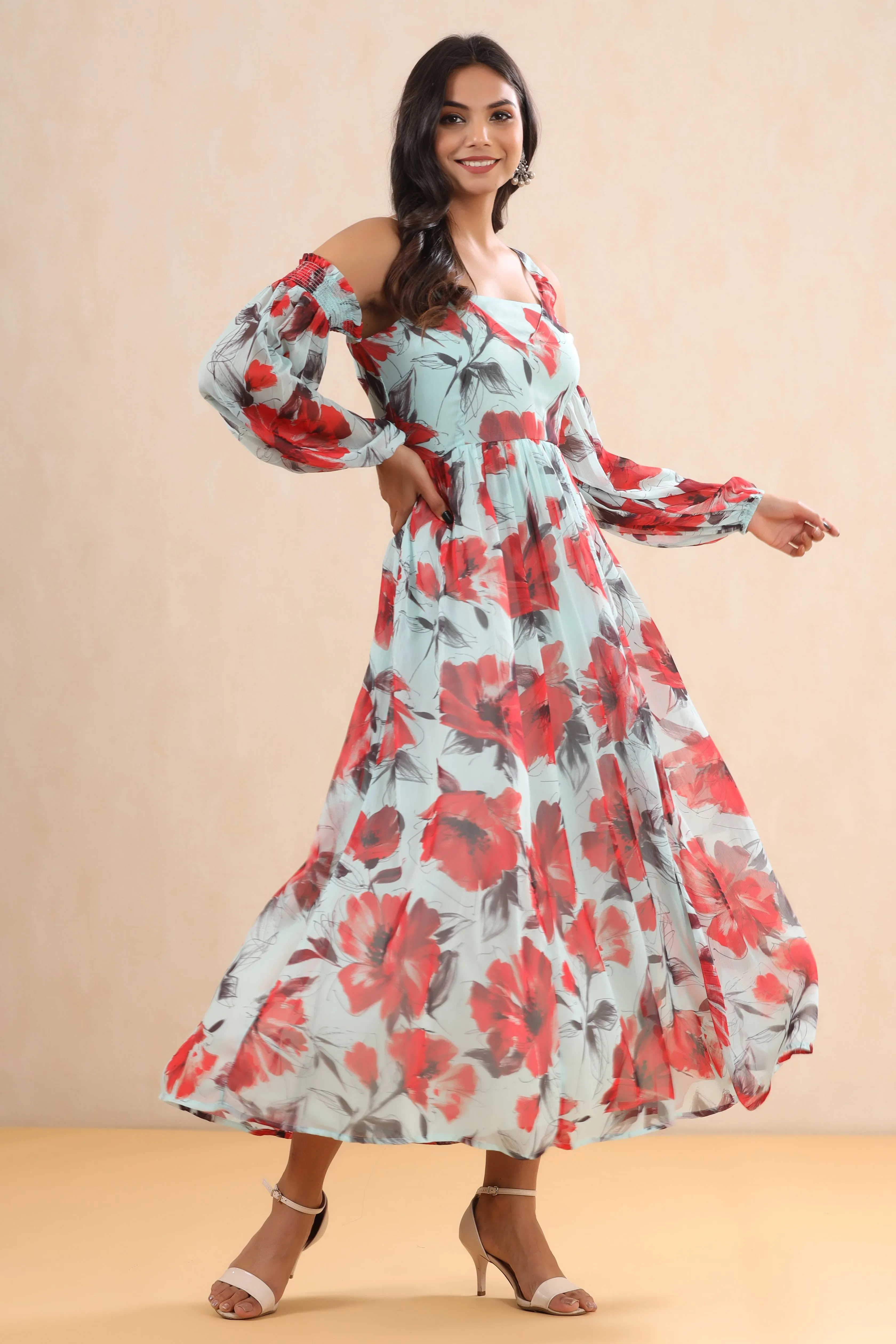 Women Mint Chiffon Printed Dress