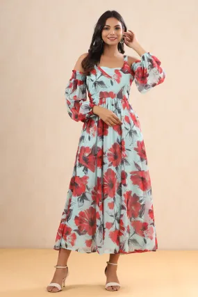 Women Mint Chiffon Printed Dress