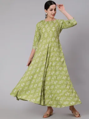 Women Olive Green Floral Printed Maxi Dress With Three Quarter Sleeves