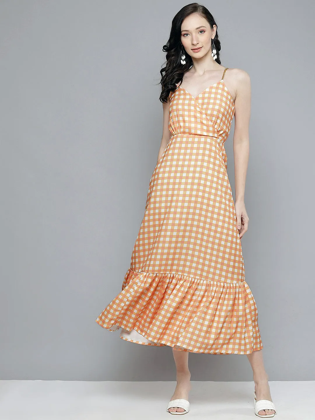 Women Orange & White Check Strappy Maxi