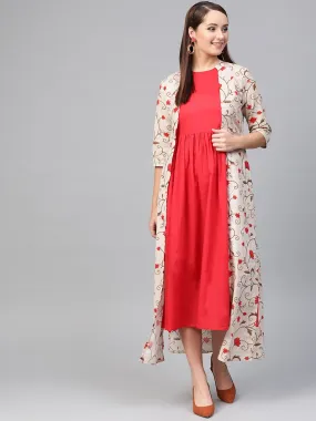 Women Red & Beige Floral Printed Maxi Dress