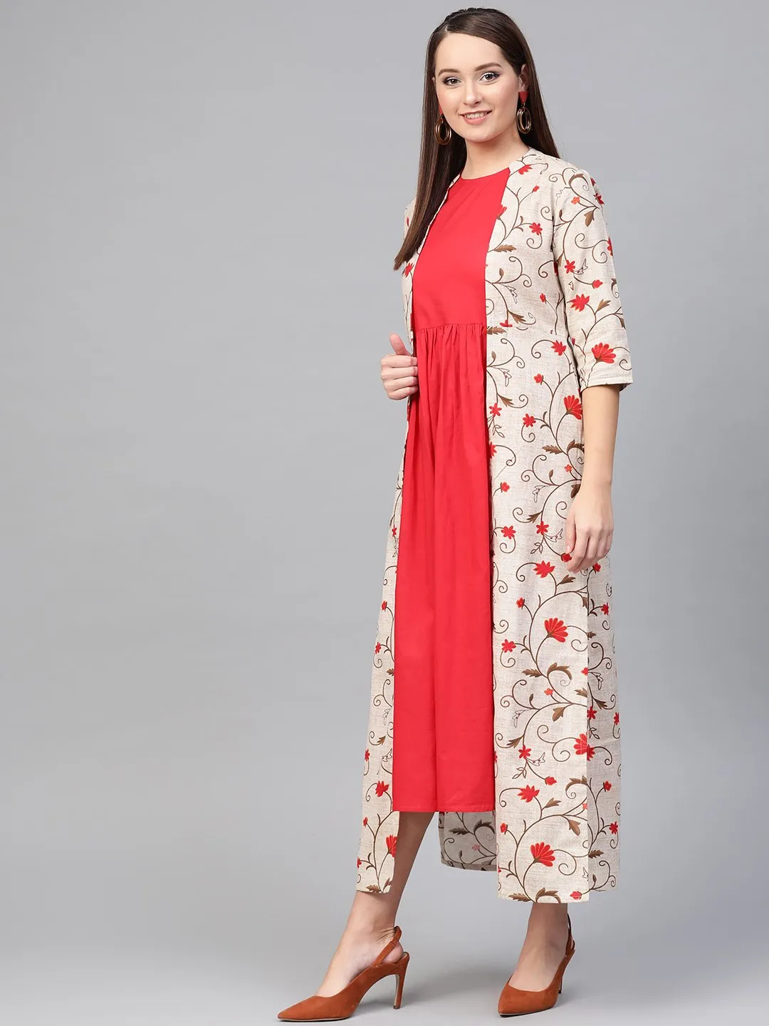 Women Red & Beige Floral Printed Maxi Dress