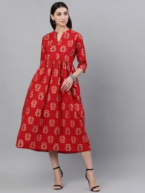 Women Red Ethnic Motifs Printed Mandarin Collar Viscose Rayon Maxi Dress