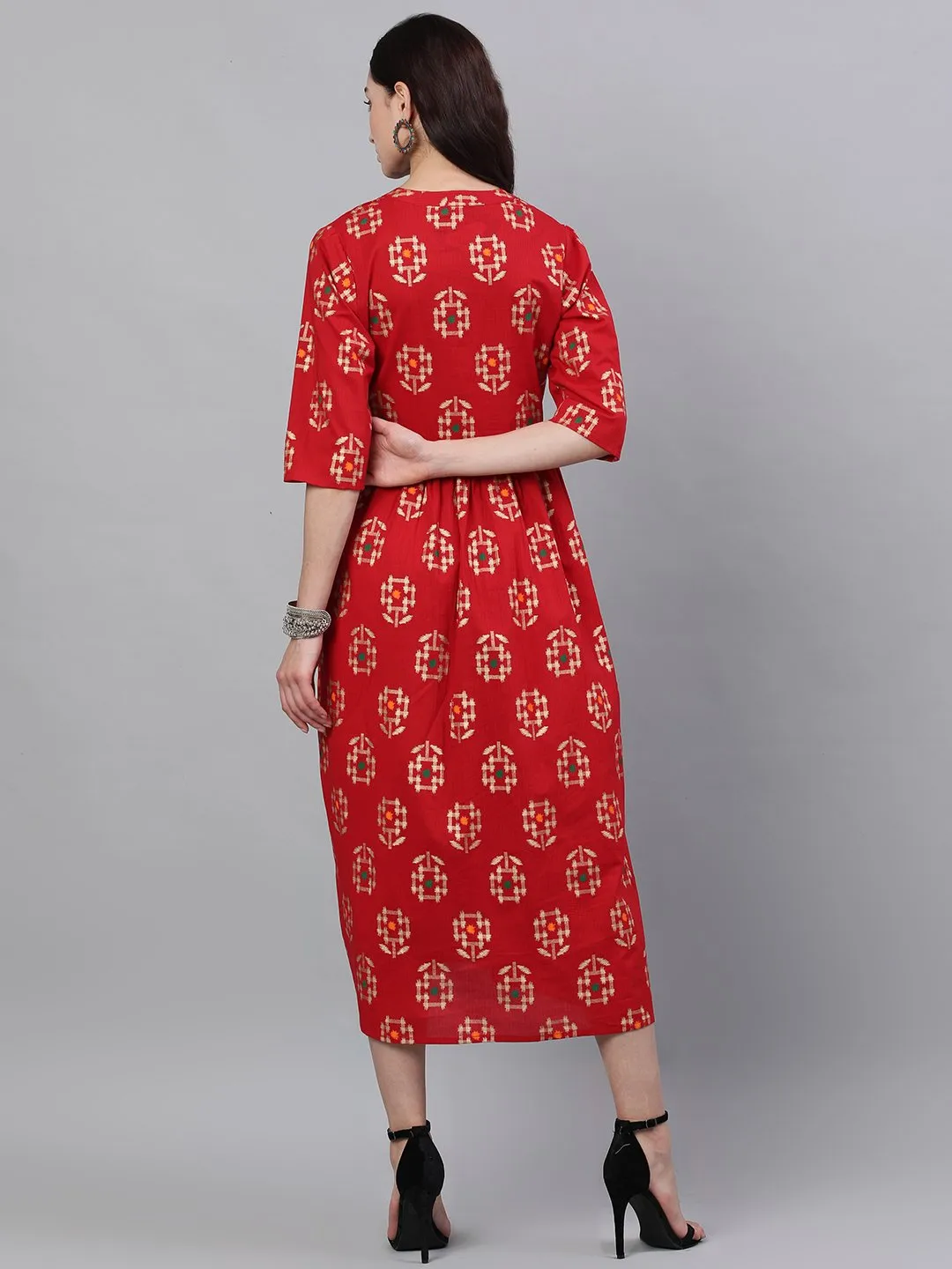 Women Red Ethnic Motifs Printed Mandarin Collar Viscose Rayon Maxi Dress