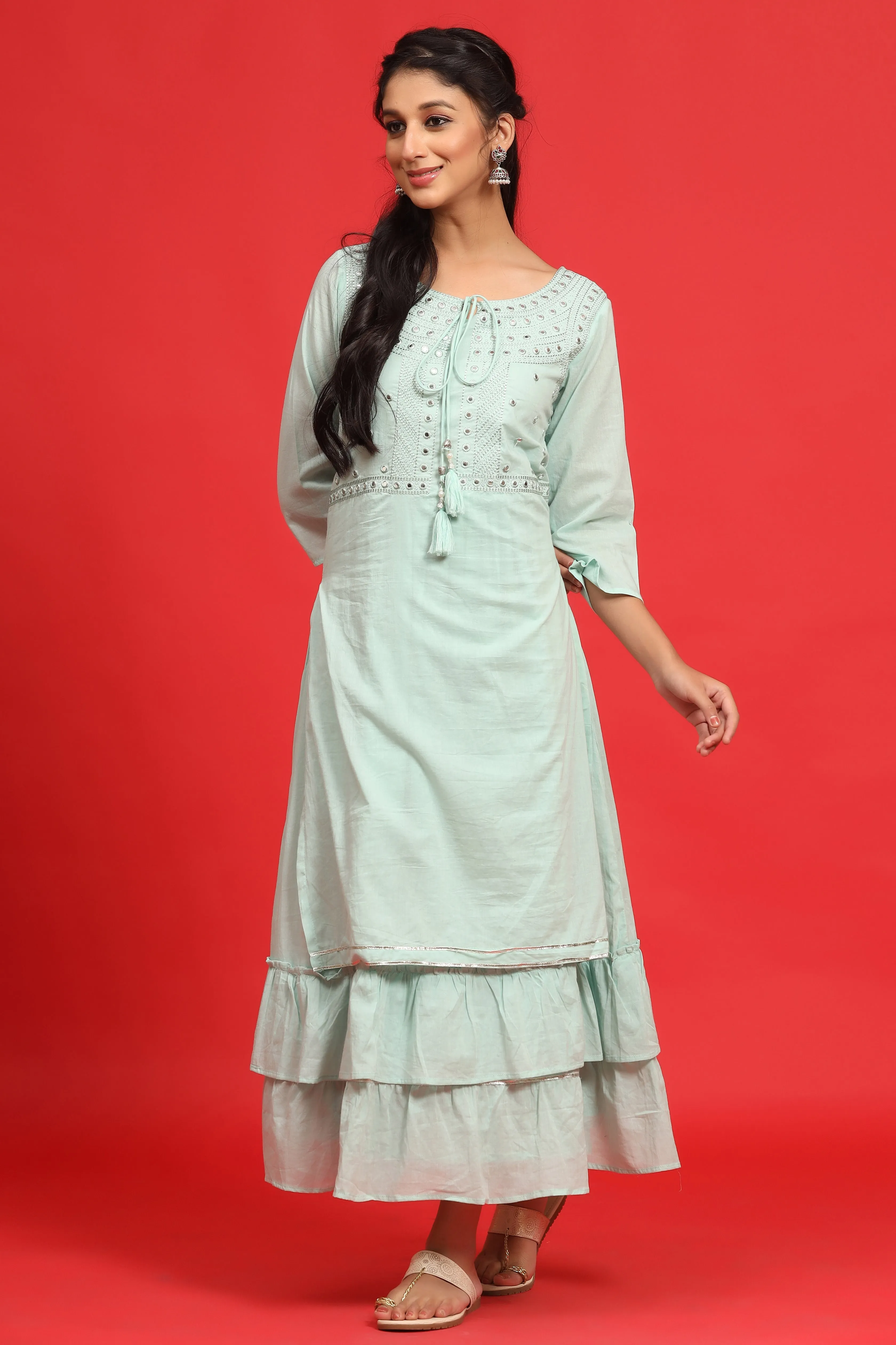 Women Sage Green Cotton Embellished Dress