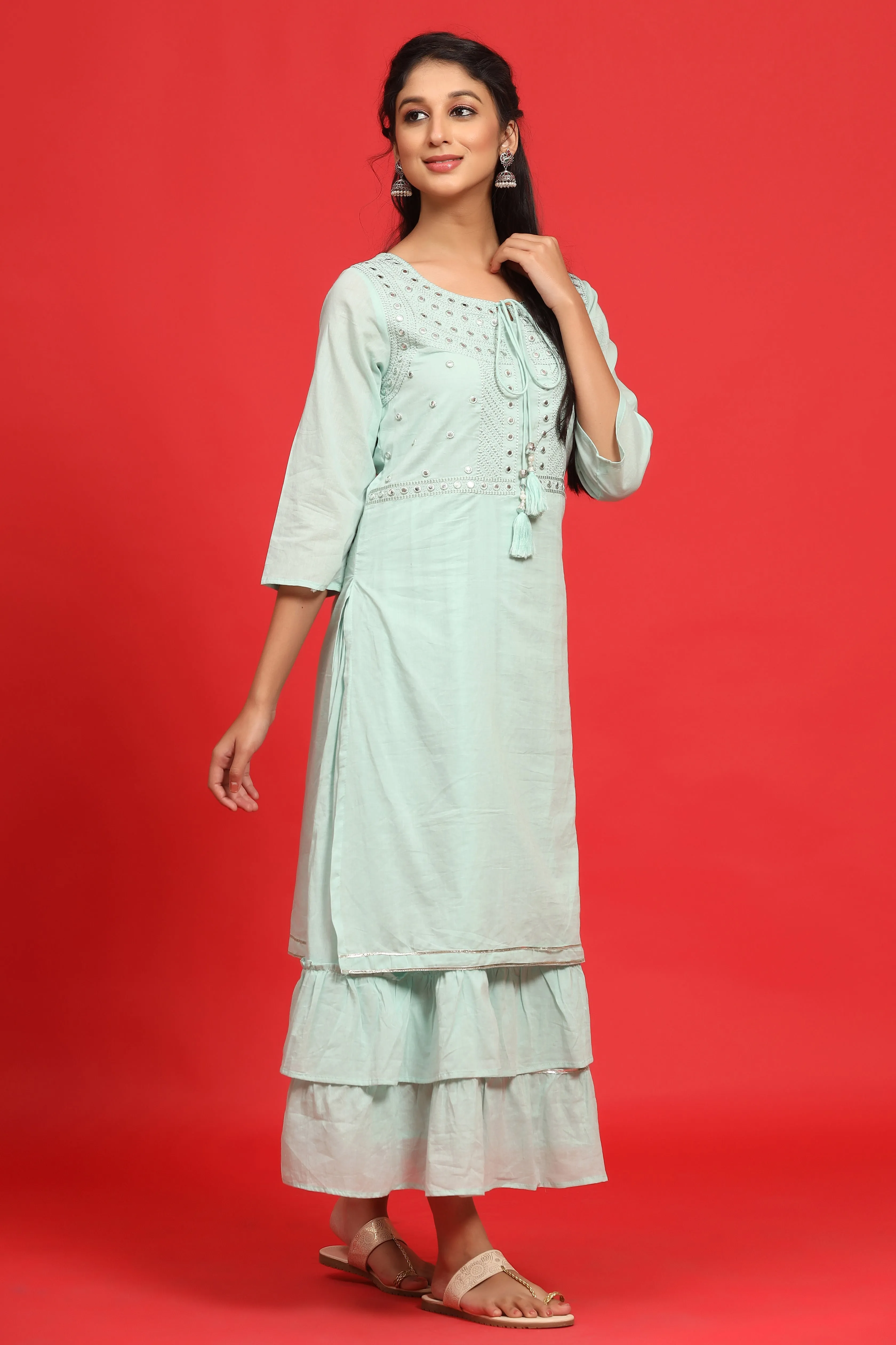 Women Sage Green Cotton Embellished Dress