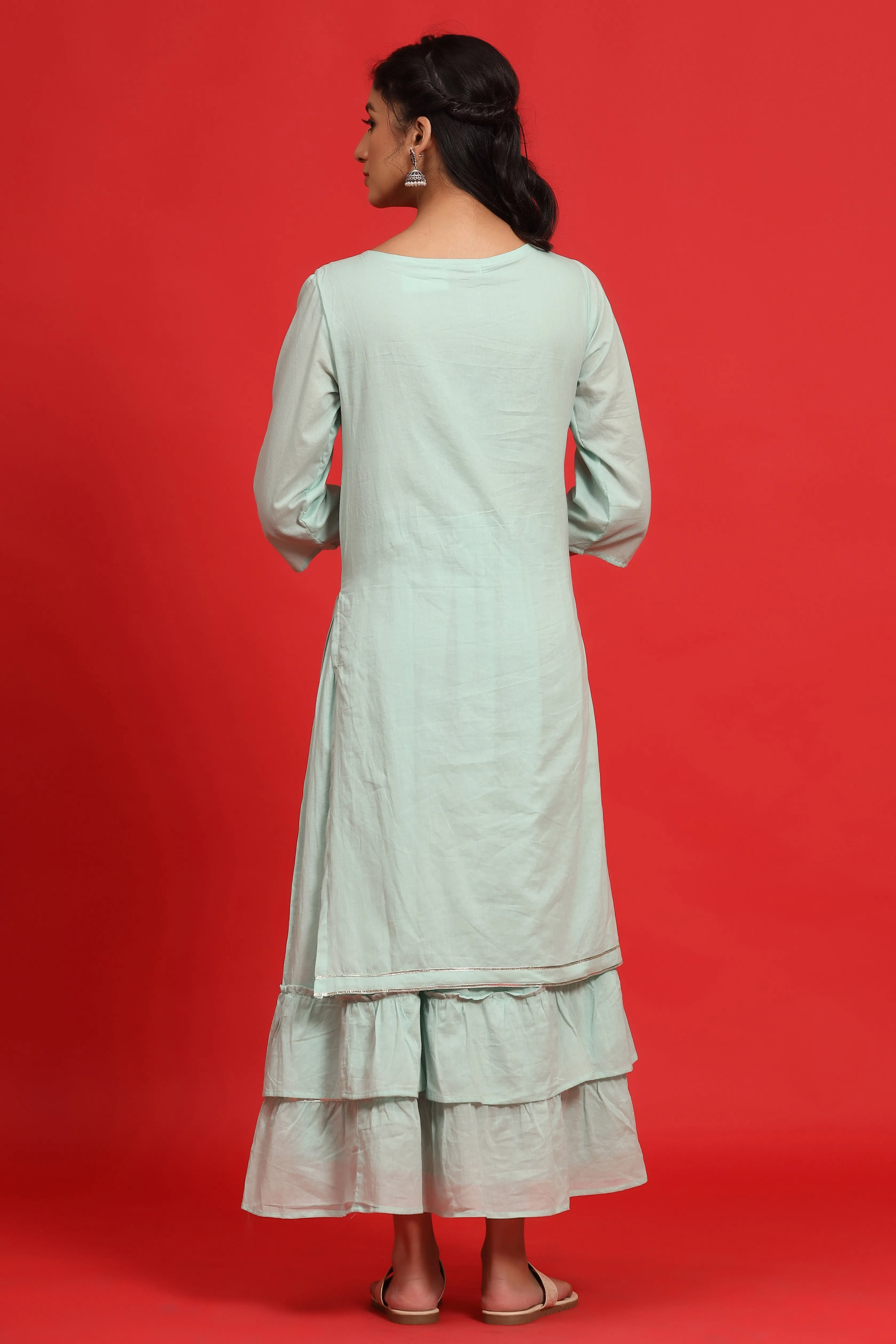 Women Sage Green Cotton Embellished Dress