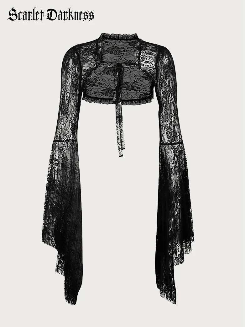 Women Victorian Goth Style Black Bell Sleeves Lace Cardigan