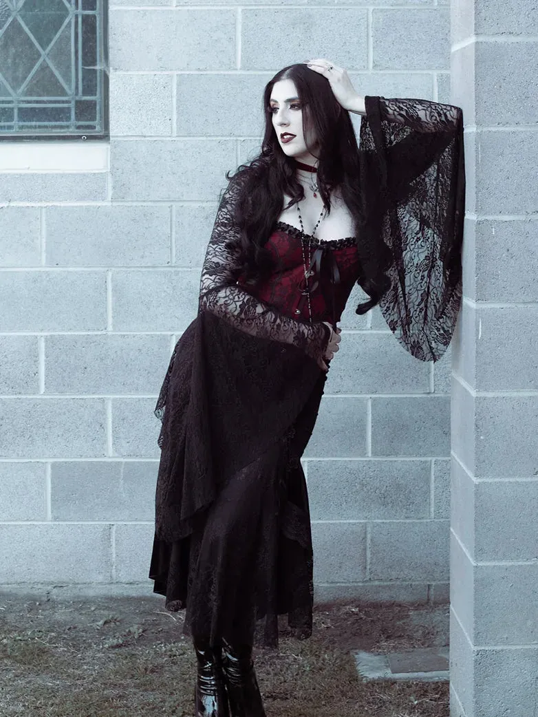 Women Victorian Goth Style Black Bell Sleeves Lace Cardigan