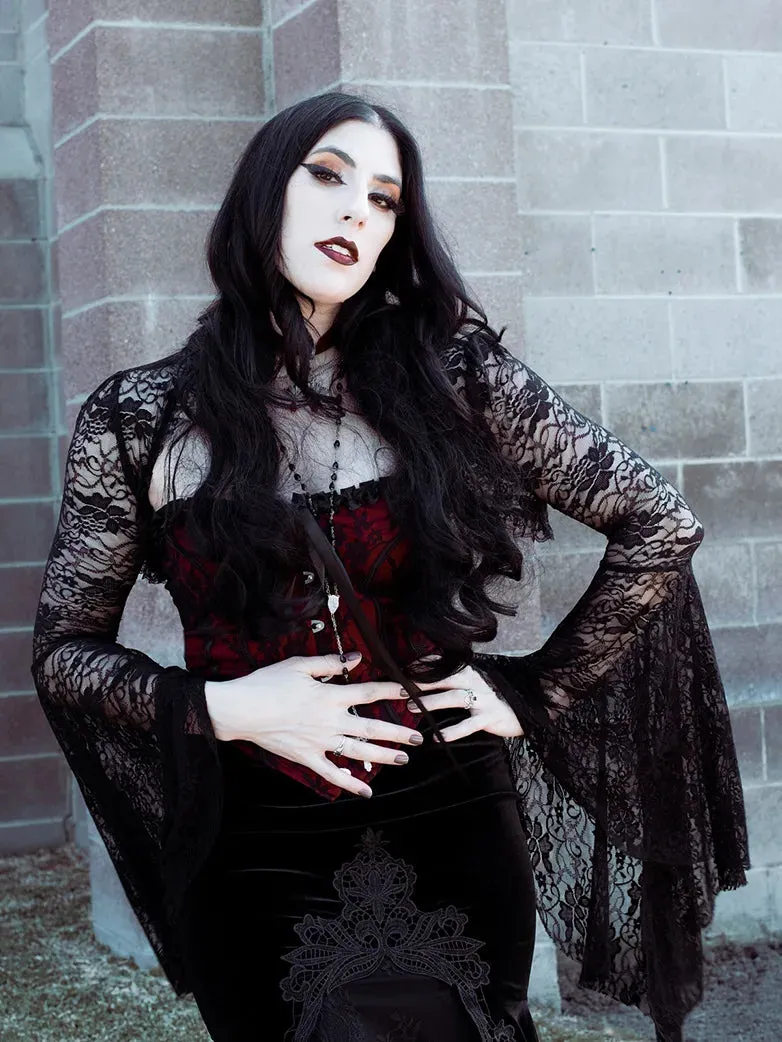 Women Victorian Goth Style Black Bell Sleeves Lace Cardigan