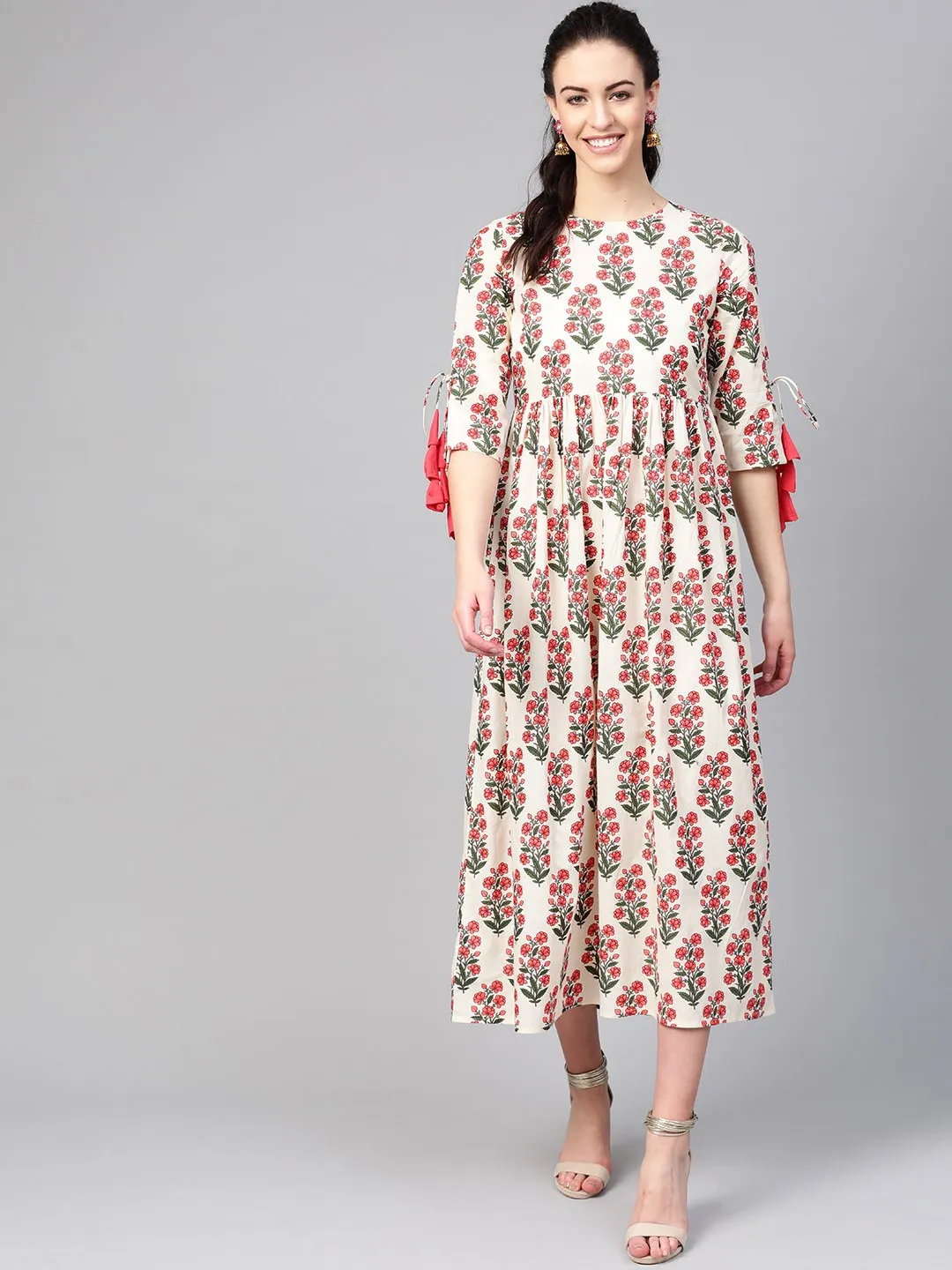 Women White & Coral Floral Maxi Dress