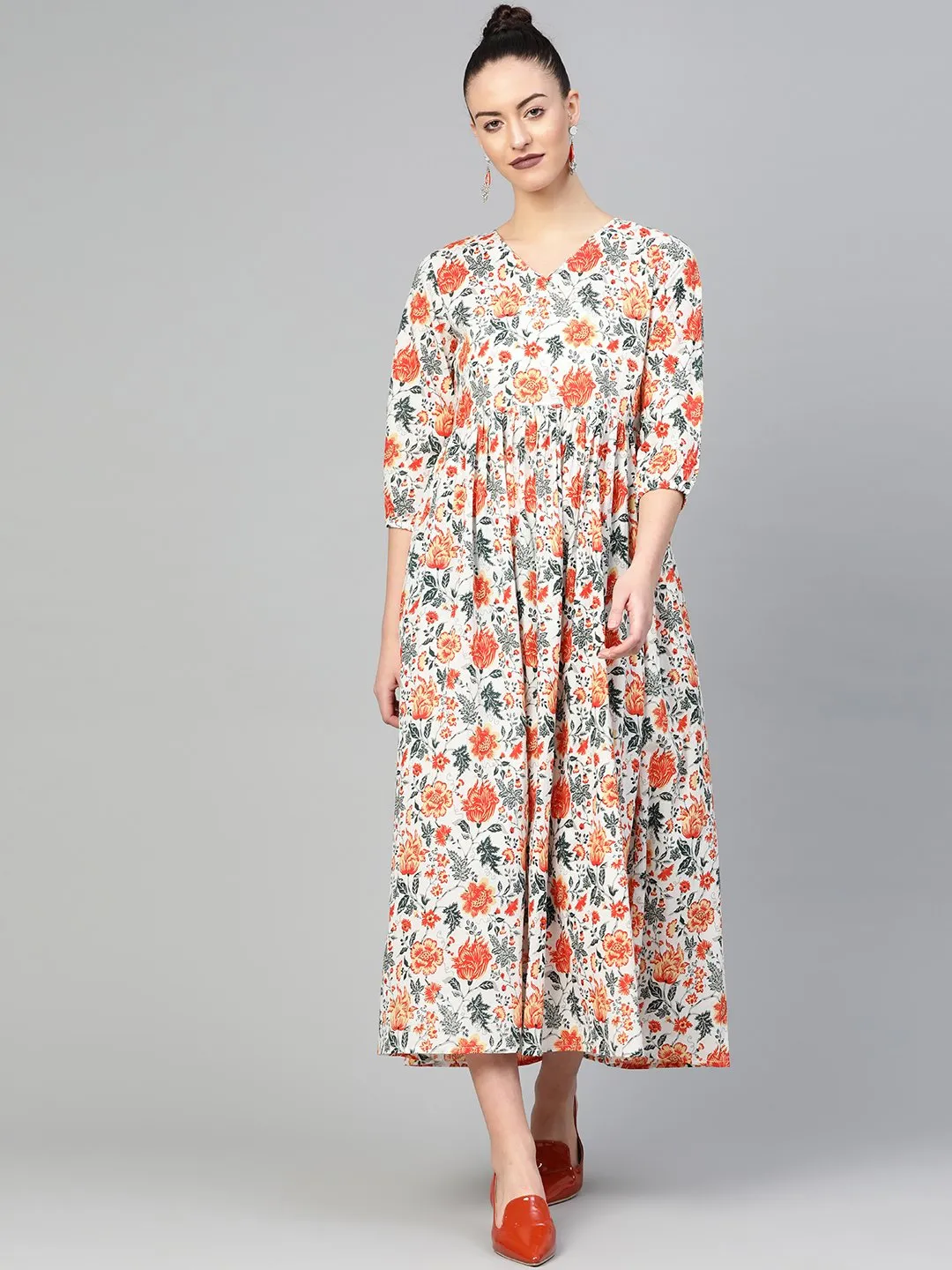 Women White & Orange Floral Printed Maxi Dress