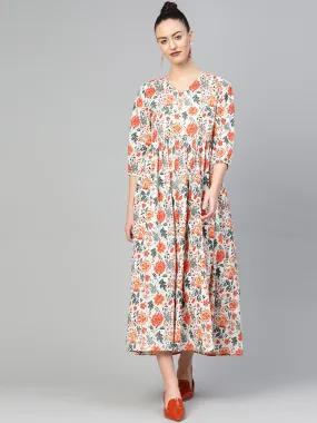 Women White & Orange Floral Printed Maxi Dress