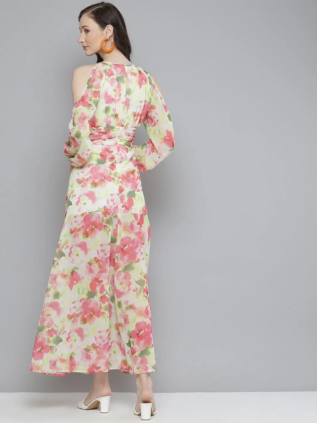 Women White & Pink Floral Cold Shoulder Maxi