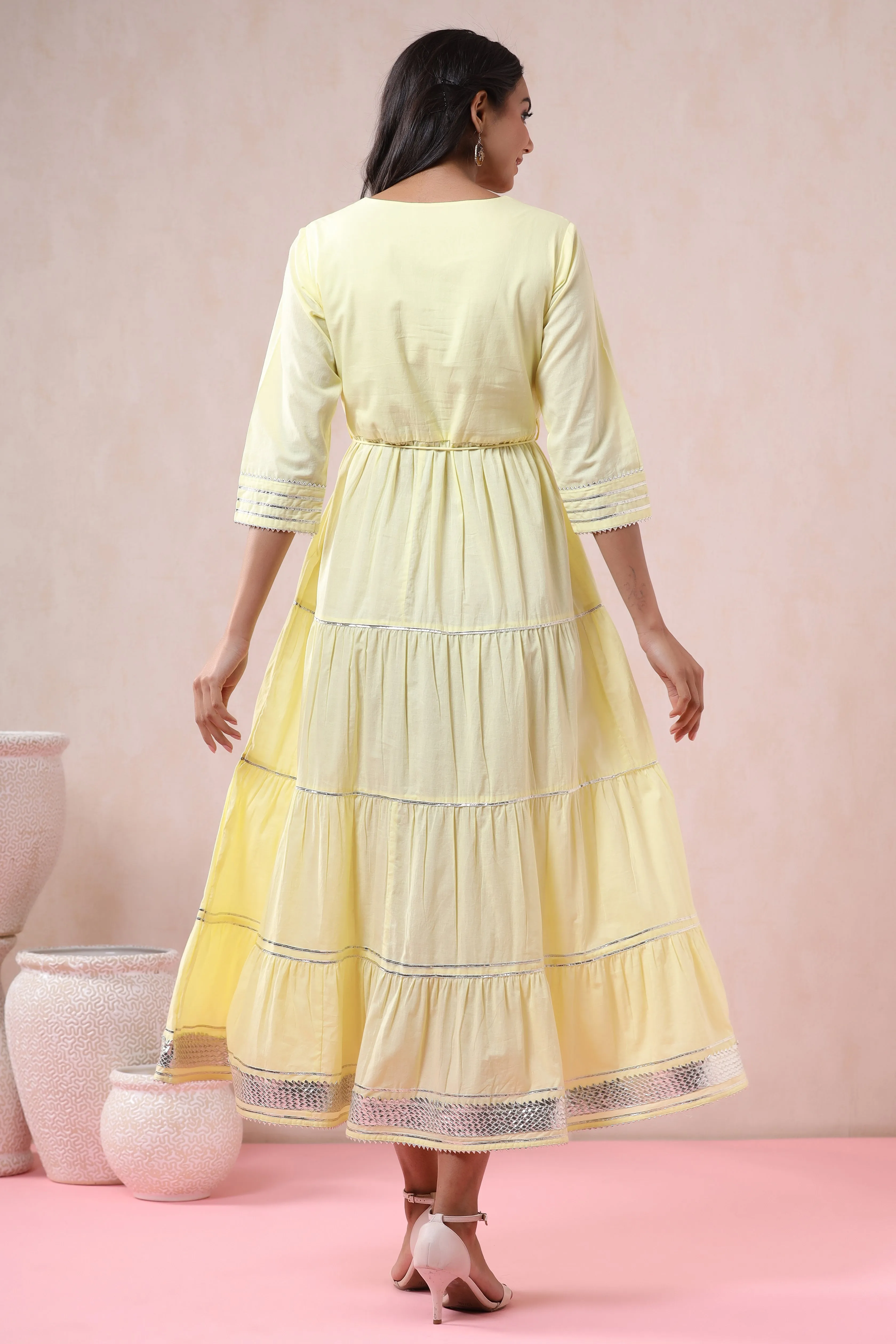 Women Yellow Cambric Solid Dress