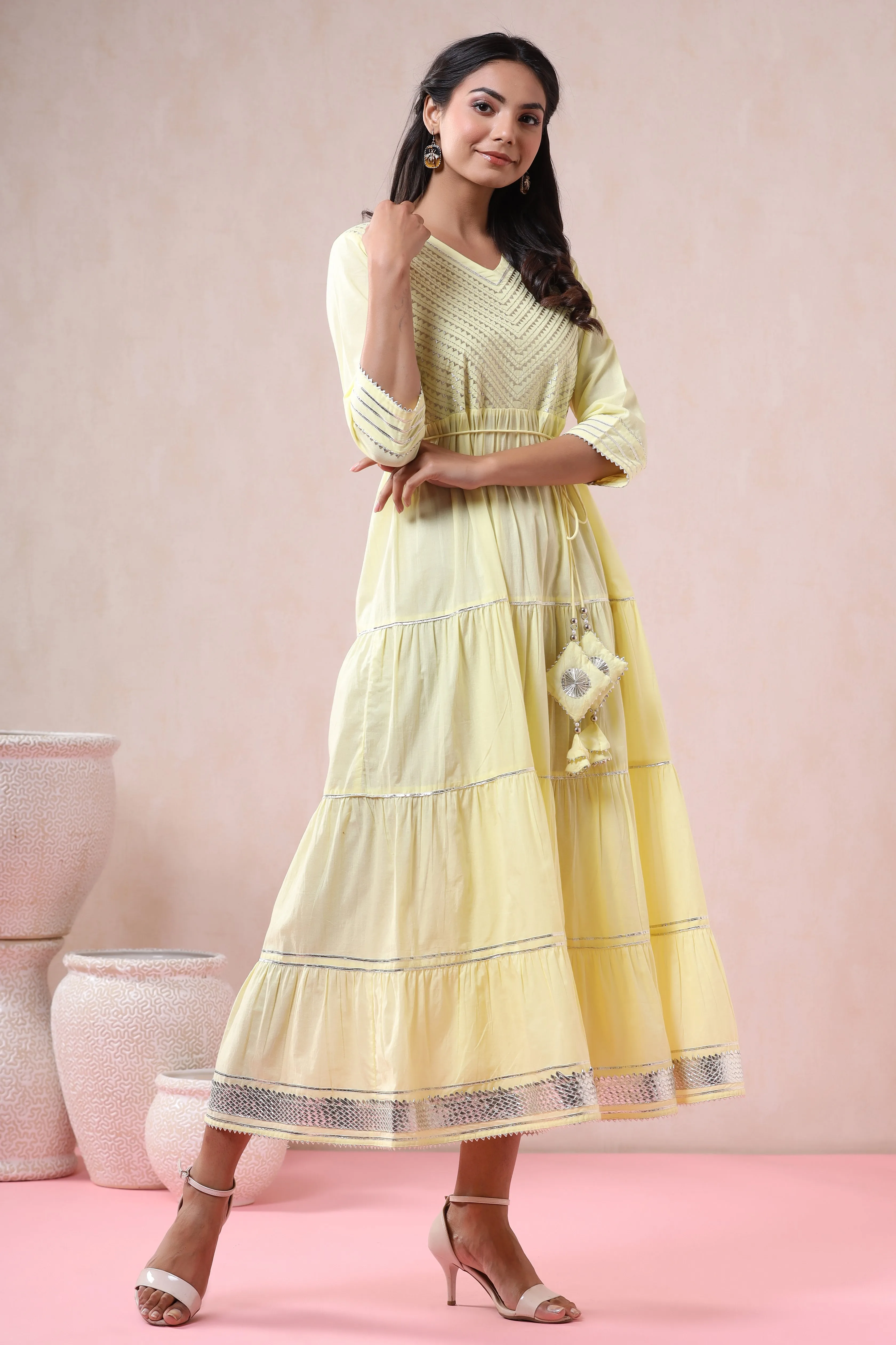 Women Yellow Cambric Solid Dress