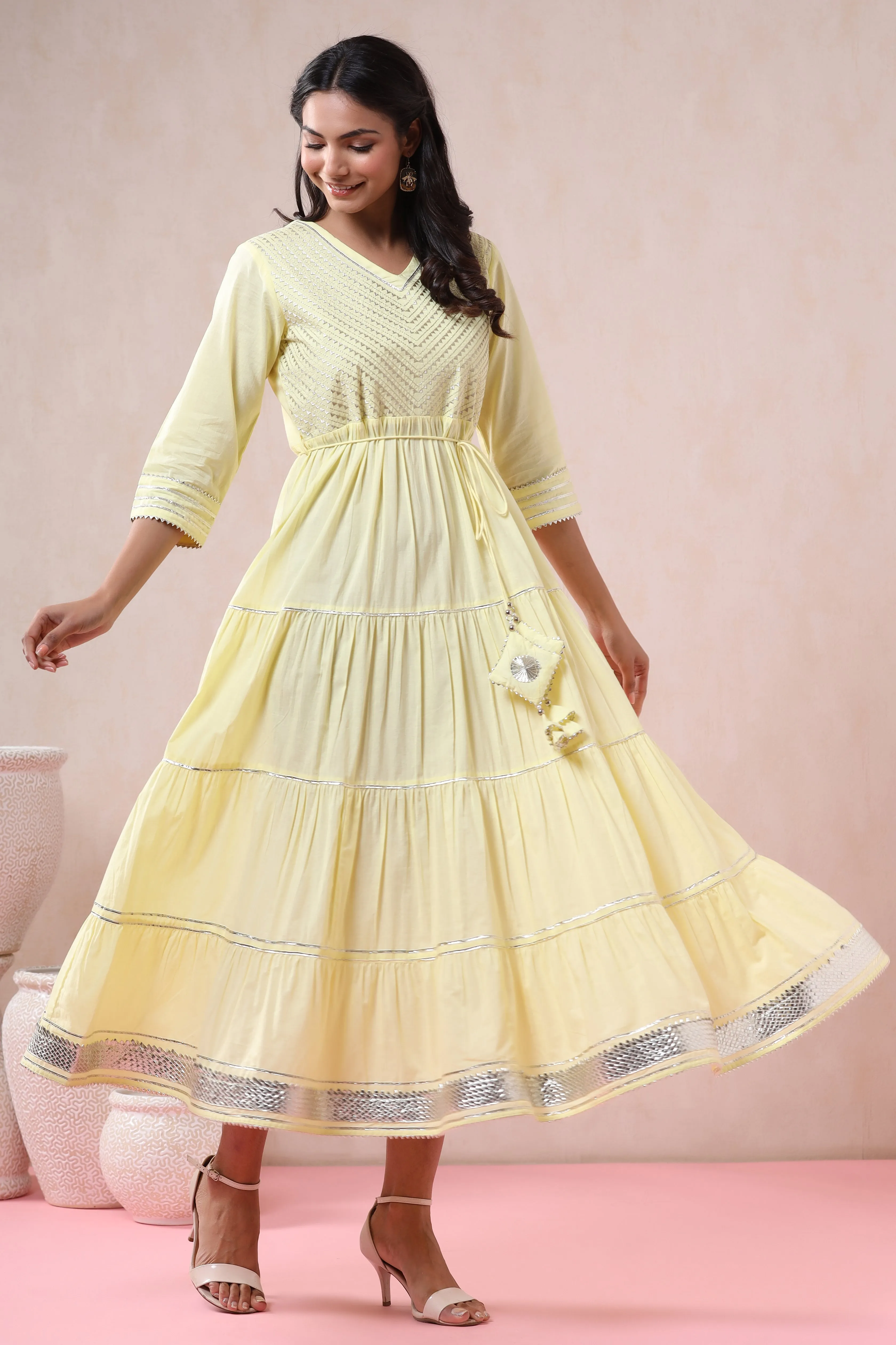 Women Yellow Cambric Solid Dress