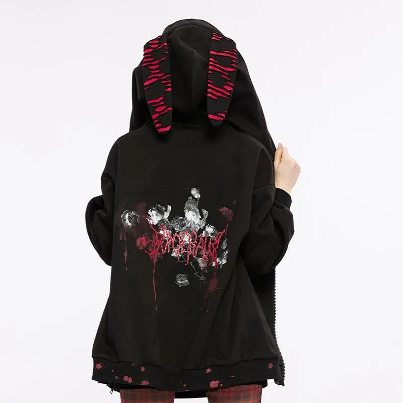 Women's Grunge Bloodstain Printed Coat with Rabbit Ears Hood