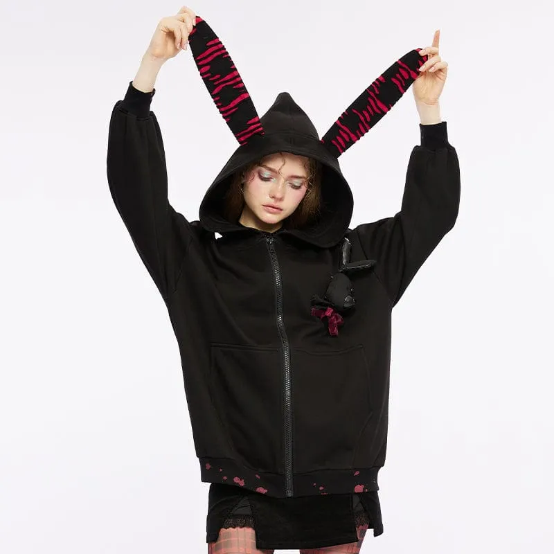 Women's Grunge Bloodstain Printed Coat with Rabbit Ears Hood