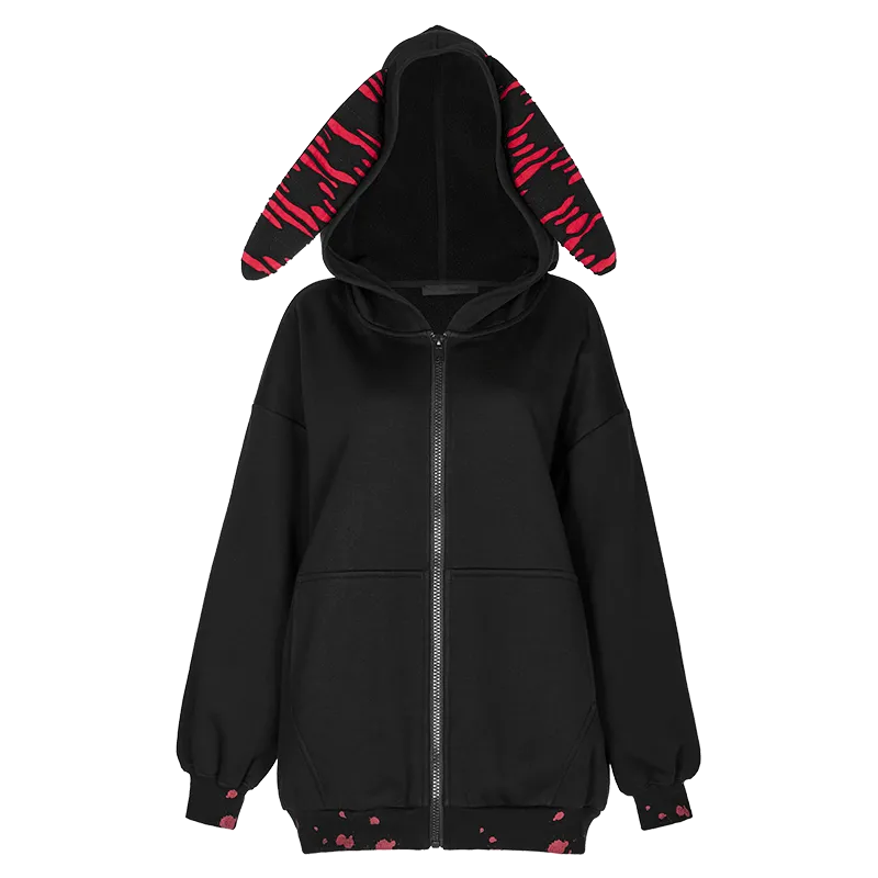 Women's Grunge Bloodstain Printed Coat with Rabbit Ears Hood