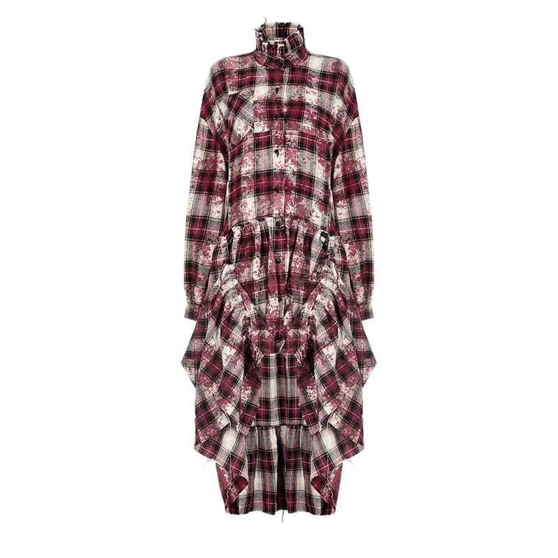 Women's Grunge Stand Collar Ruffled Plaid Coat