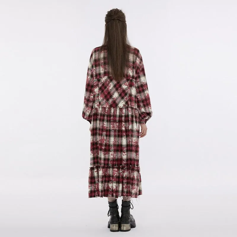 Women's Grunge Stand Collar Ruffled Plaid Coat