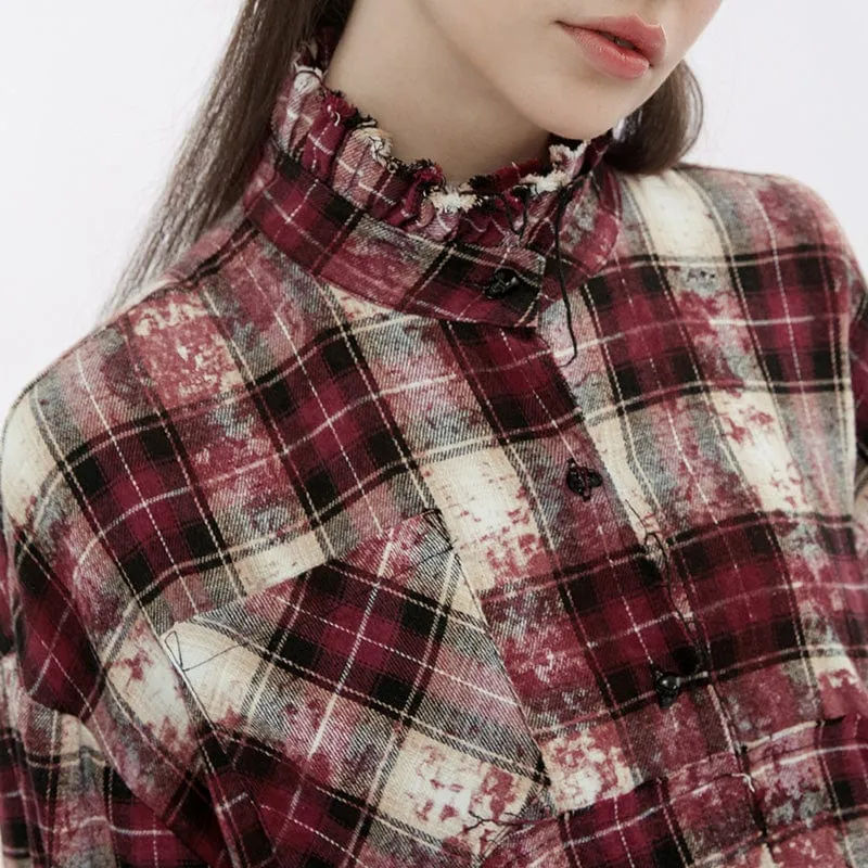 Women's Grunge Stand Collar Ruffled Plaid Coat