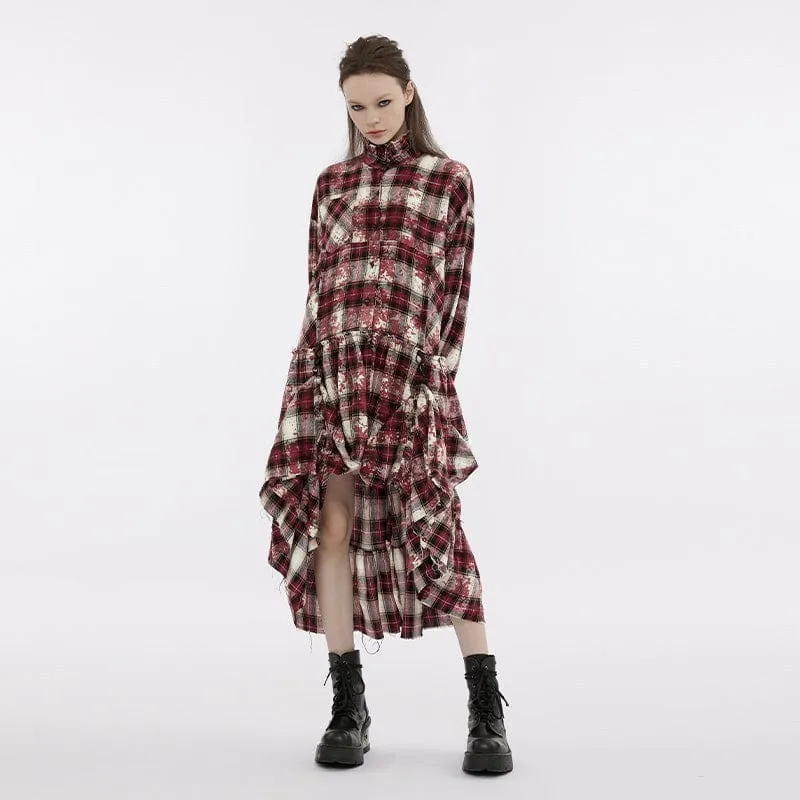 Women's Grunge Stand Collar Ruffled Plaid Coat