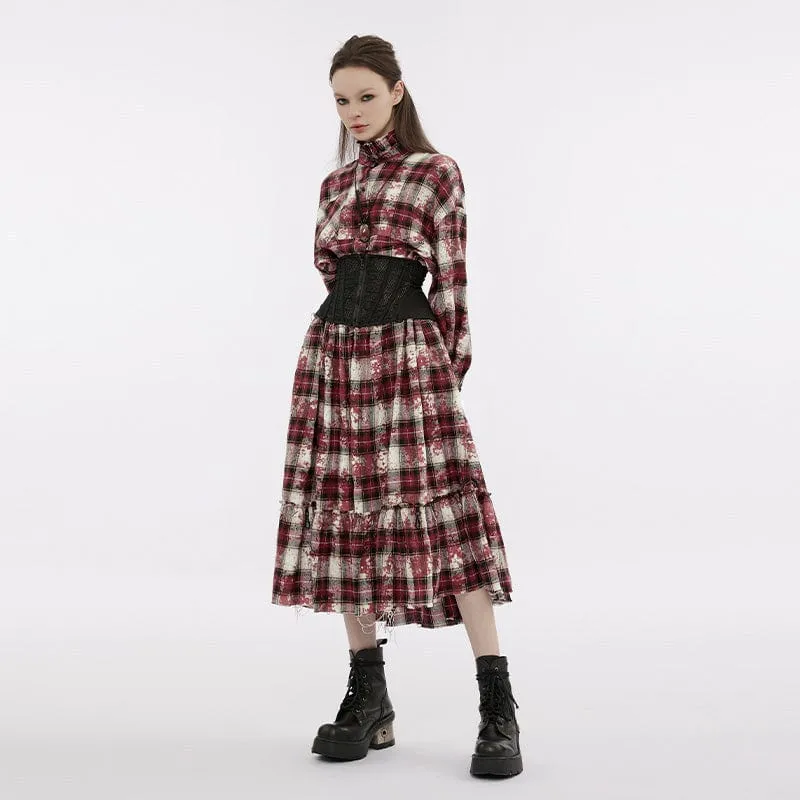 Women's Grunge Stand Collar Ruffled Plaid Coat