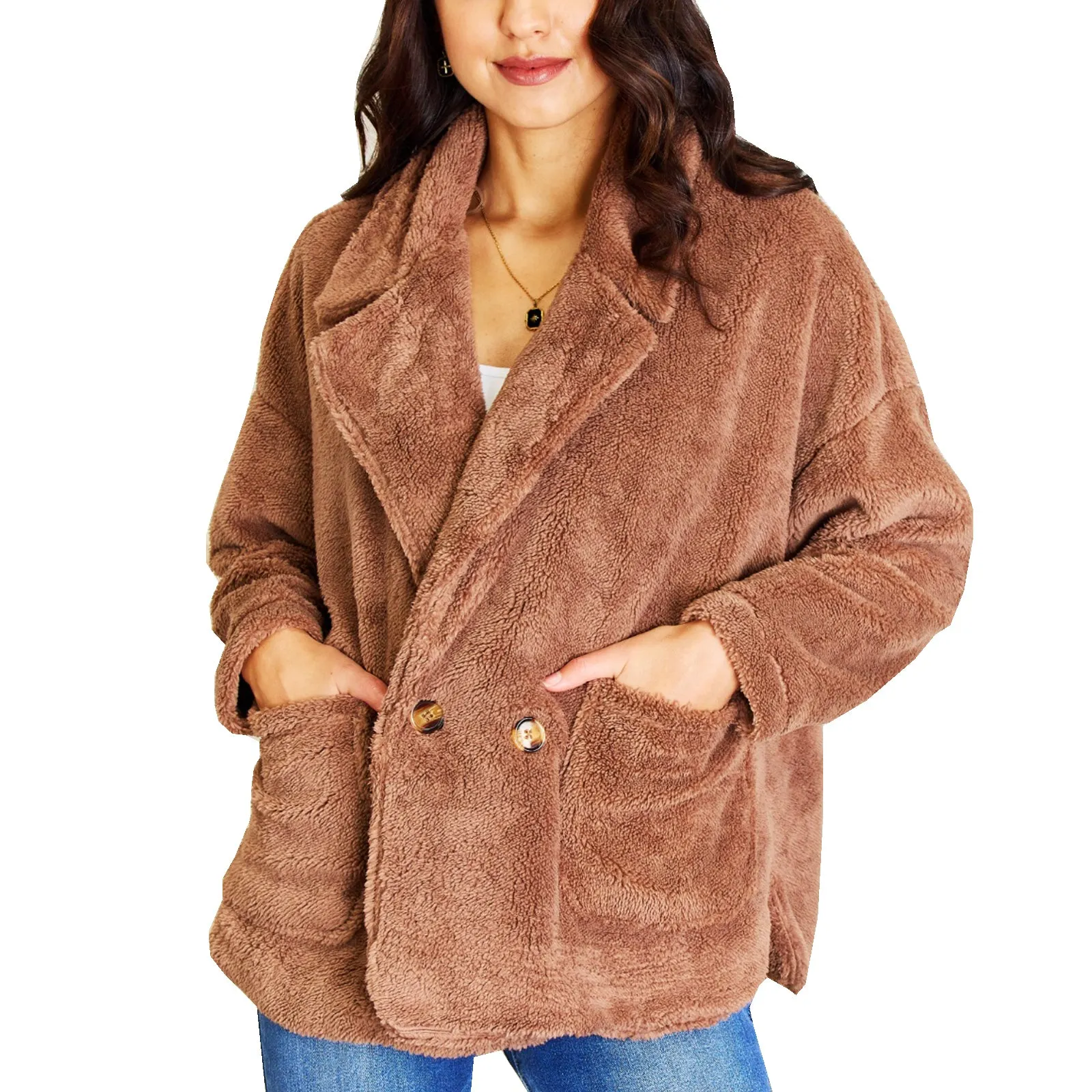 Women's Western Brown Sherpa Fleece Teddy Jacket Collared with Pockets