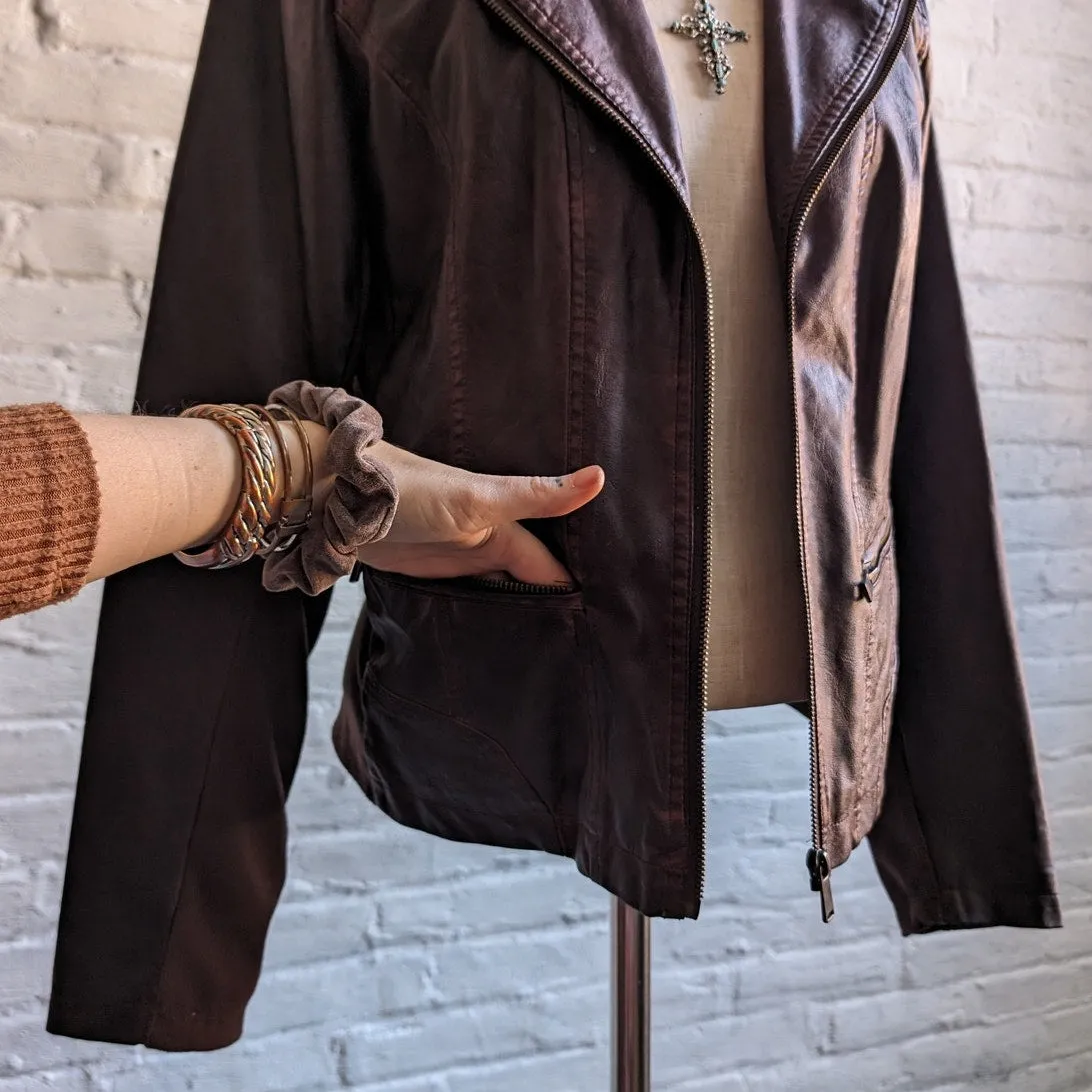 Y2K Vegan Faux Leather Moto Jacket Knit Distressed Boho Grunge Maroon Brown Coat