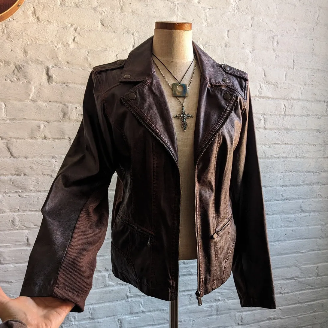 Y2K Vegan Faux Leather Moto Jacket Knit Distressed Boho Grunge Maroon Brown Coat